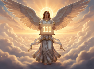Ancient greek angel with elegant wings holding a golden scroll with the number 111 symbolizing divine guidance and spiritual awakening ppxstar | people ​planet  x star